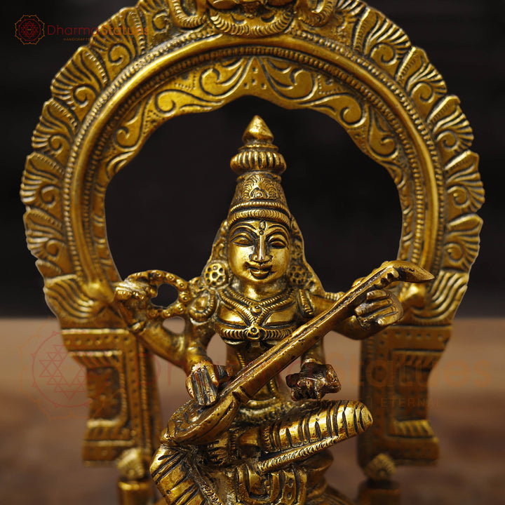 Brass Saraswati Idol, Celestial Serenade, Golden 9.5"