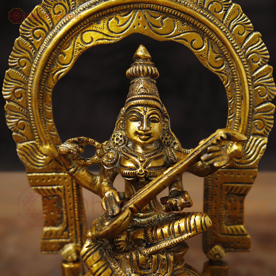 Brass Saraswati Idol, Celestial Serenade, Golden 9.5"