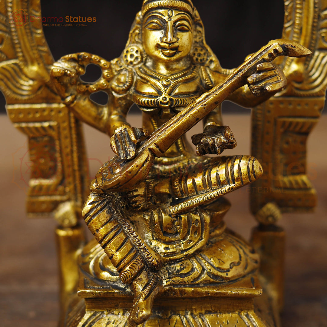 Brass Saraswati Idol, Celestial Serenade, Golden 9.5"