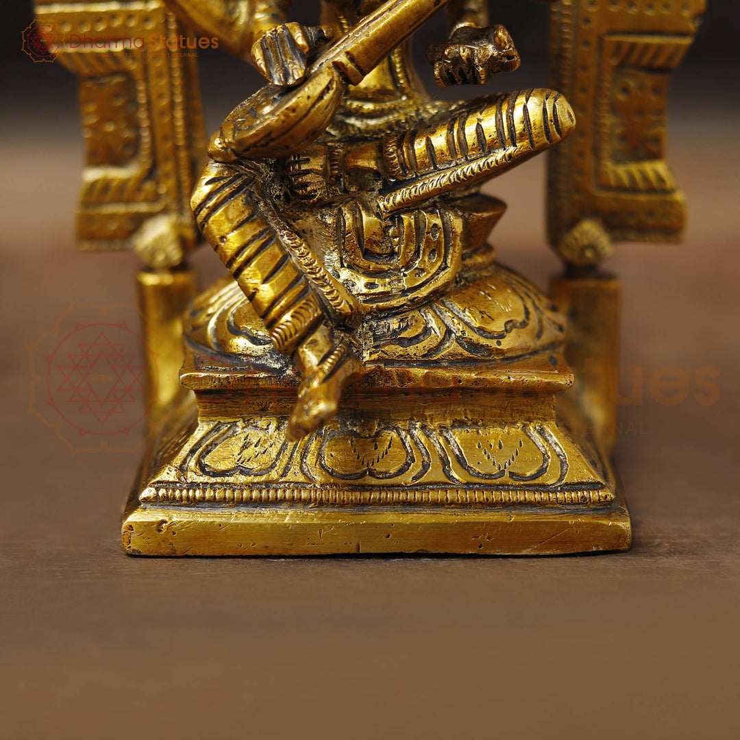 Brass Saraswati Idol, Celestial Serenade, Golden 9.5"