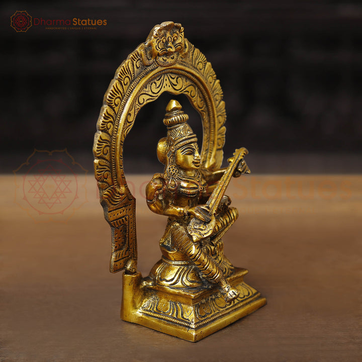 Brass Saraswati Statue- Handcrafted Idol of saraswati, Golden 9.5"