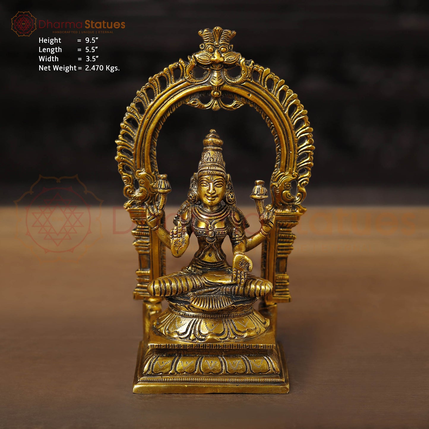 Lakshmi Brass Idol, Sitting on a Pedestal, Golden Fine work 9.5"
