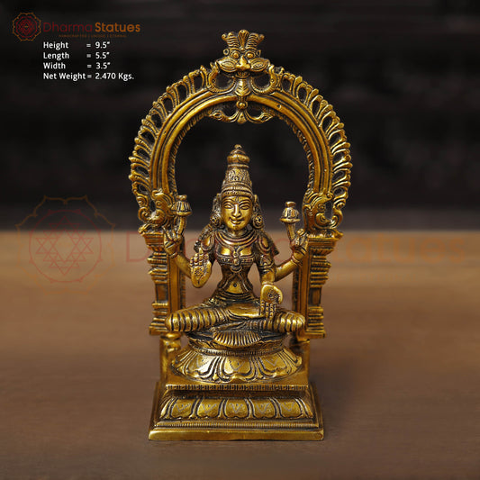 Lakshmi Brass Idol, Sitting on a Pedestal, Golden Fine work 9.5"