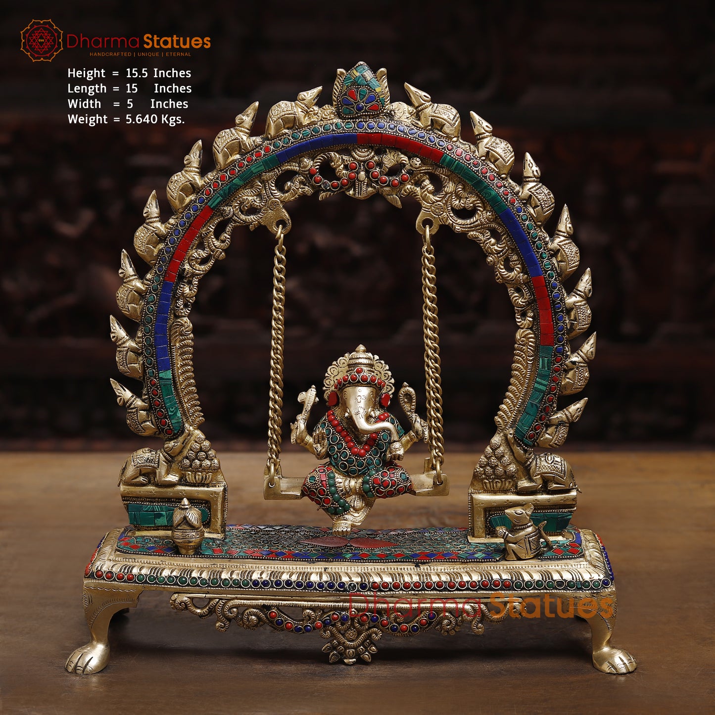 Brass Ganesh on a Swing, Stonework & Golden Finish, 15.5"