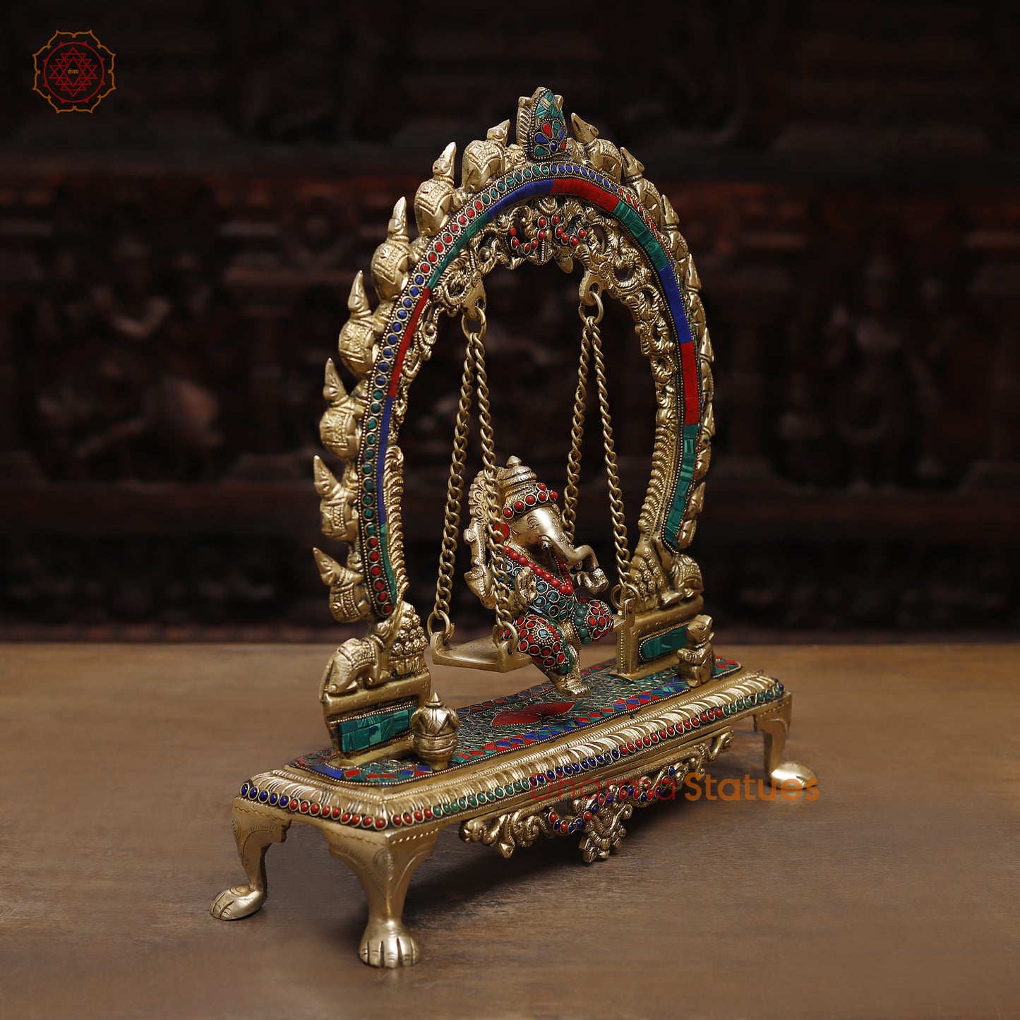 Brass Ganesh on a Swing, Stonework & Golden Finish, 15.5"