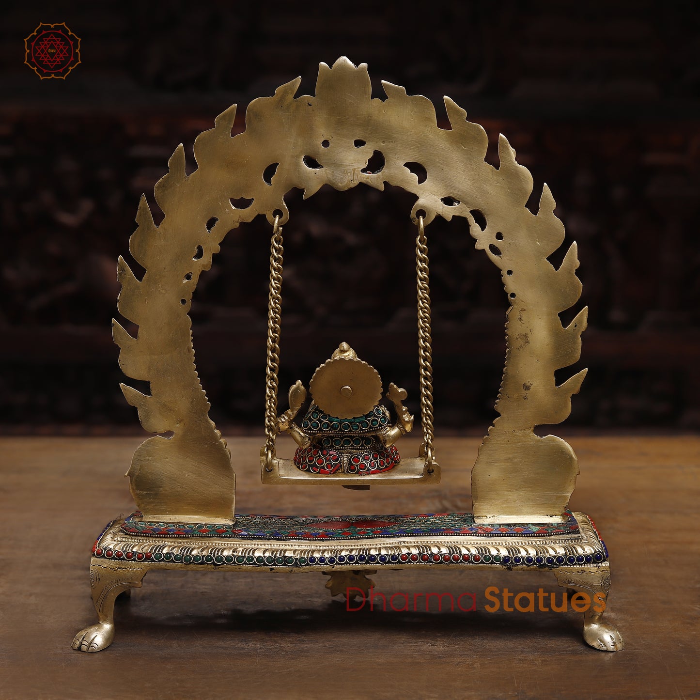 Brass Ganesh on a Swing, Stonework & Golden Finish, 15.5"