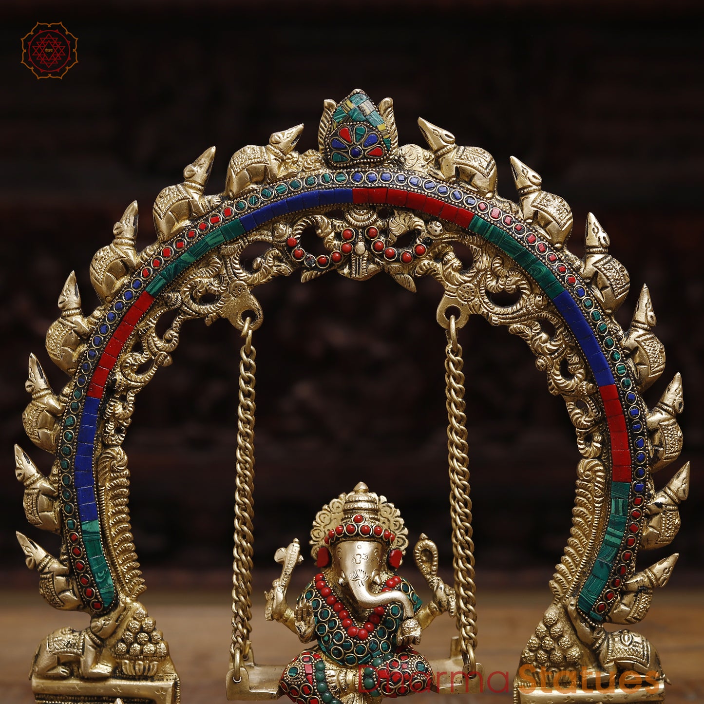 Brass Ganesh on a Swing, Stonework & Golden Finish, 15.5"