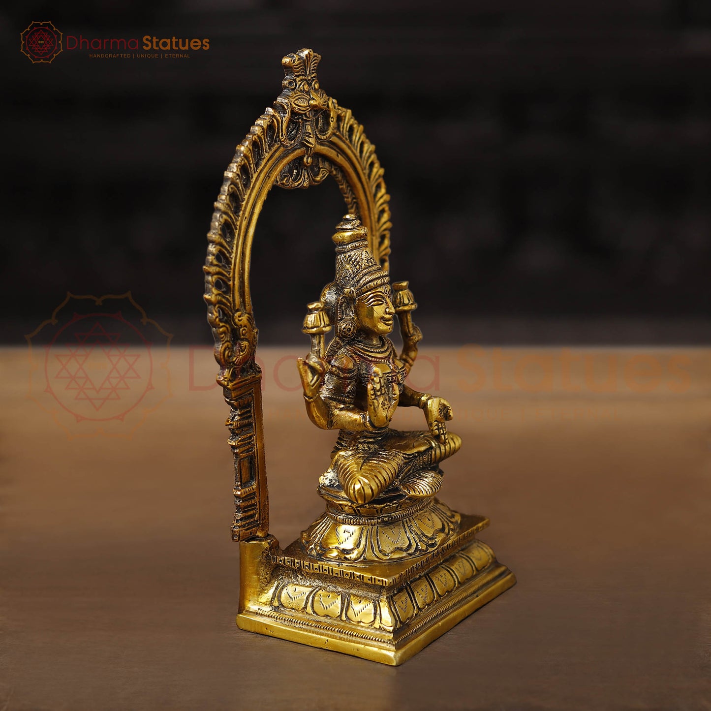 Lakshmi Brass Idol, Sitting on a Pedestal, Golden Fine work 9.5"