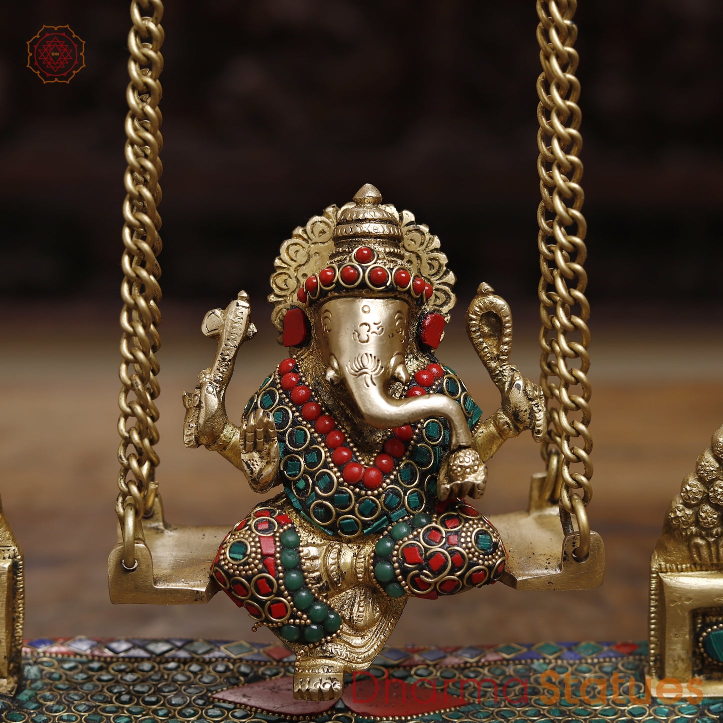 Brass Ganesh on a Swing, Stonework & Golden Finish, 15.5"