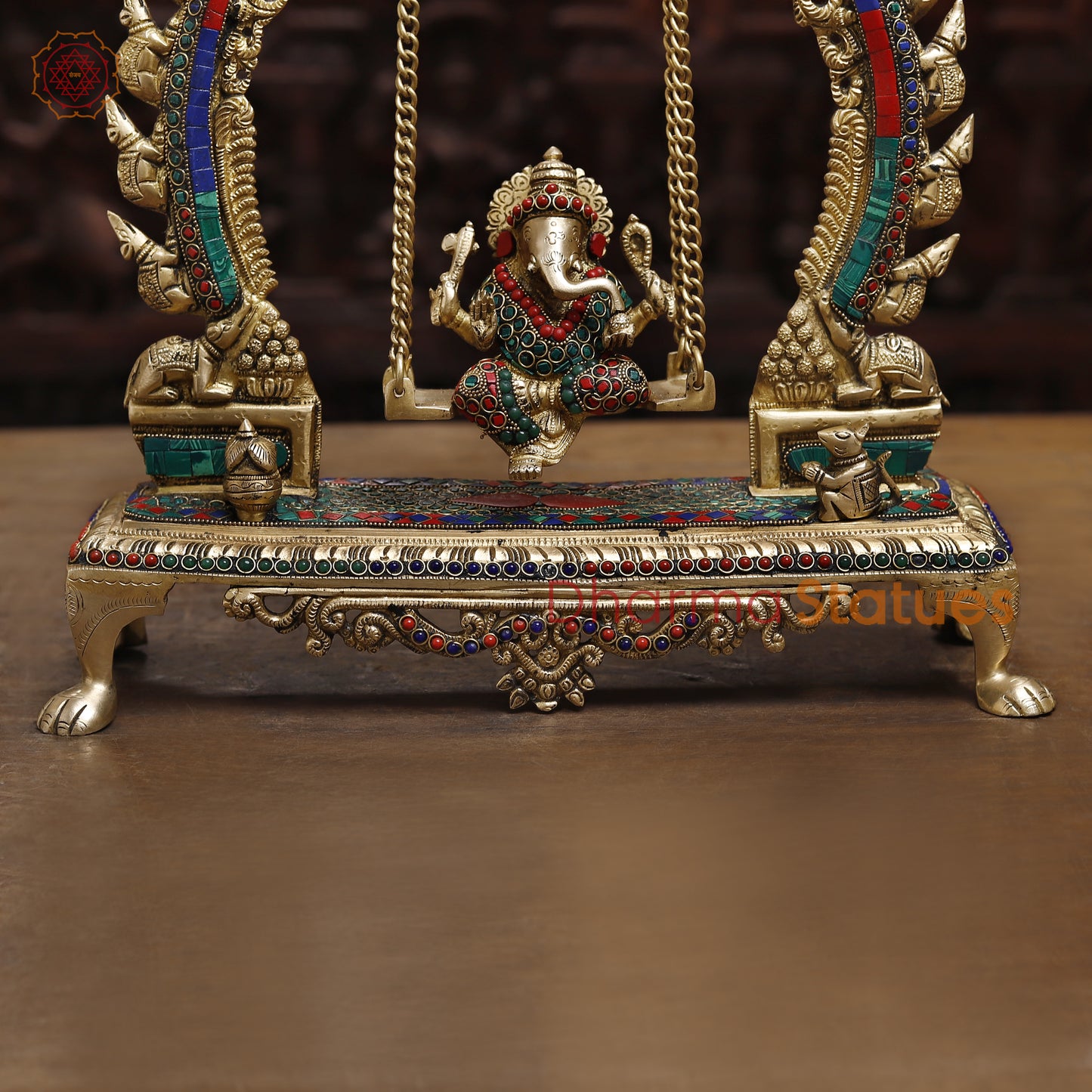 Brass Ganesh on a Swing, Stonework & Golden Finish, 15.5"