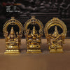 Brass Ganesh, Laxmi, Saraswati Idol, Fine Golden Work 9.5" Front View