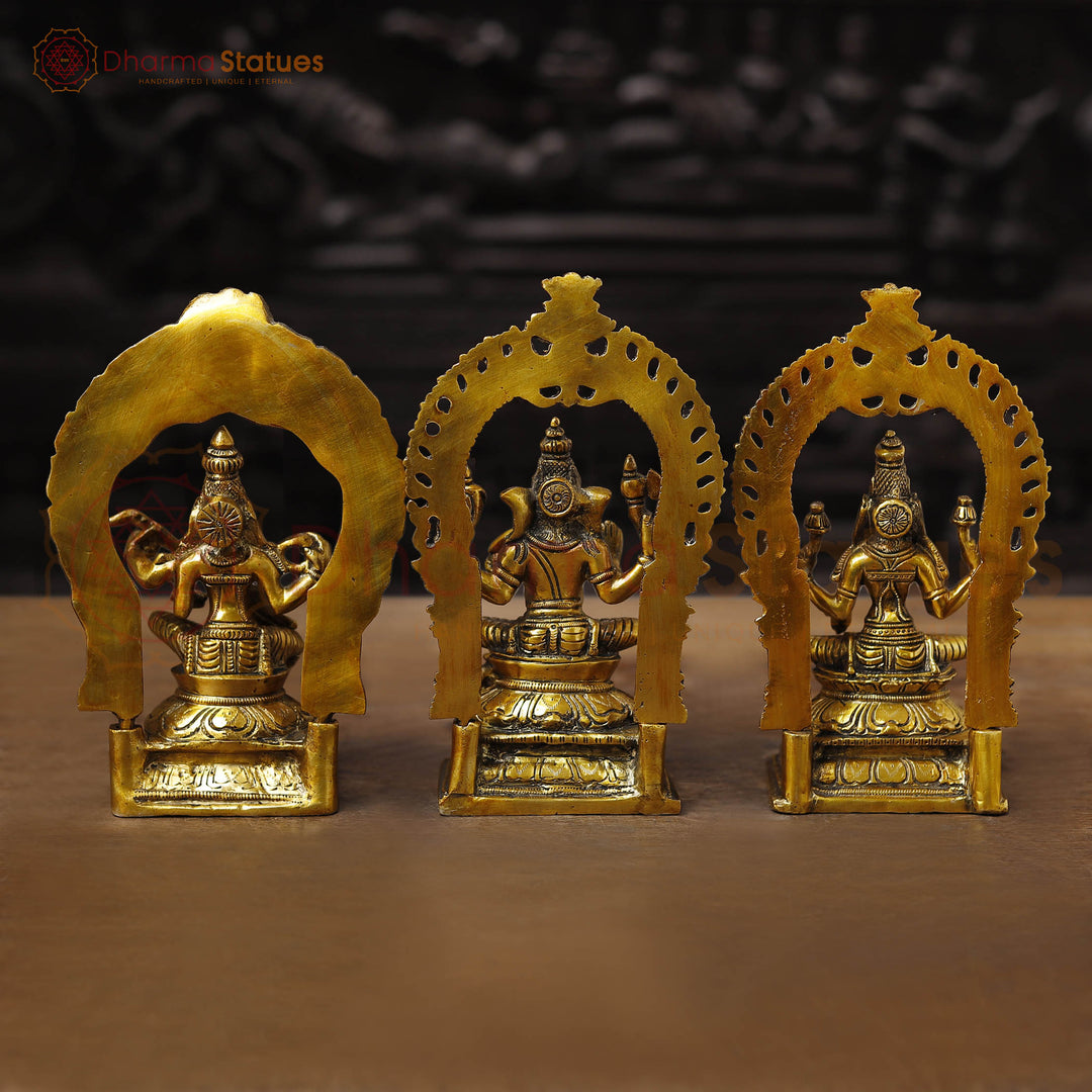 Brass Ganesh, Laxmi, Saraswati Idol, Trinity of Blessings, Fine Golden Work 9.5"