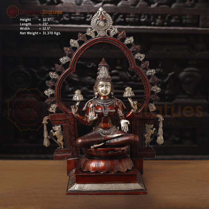 Brass Lakshmi  Idol, Seated on Throne, Copper Finish with Golden Accents, 32.5"