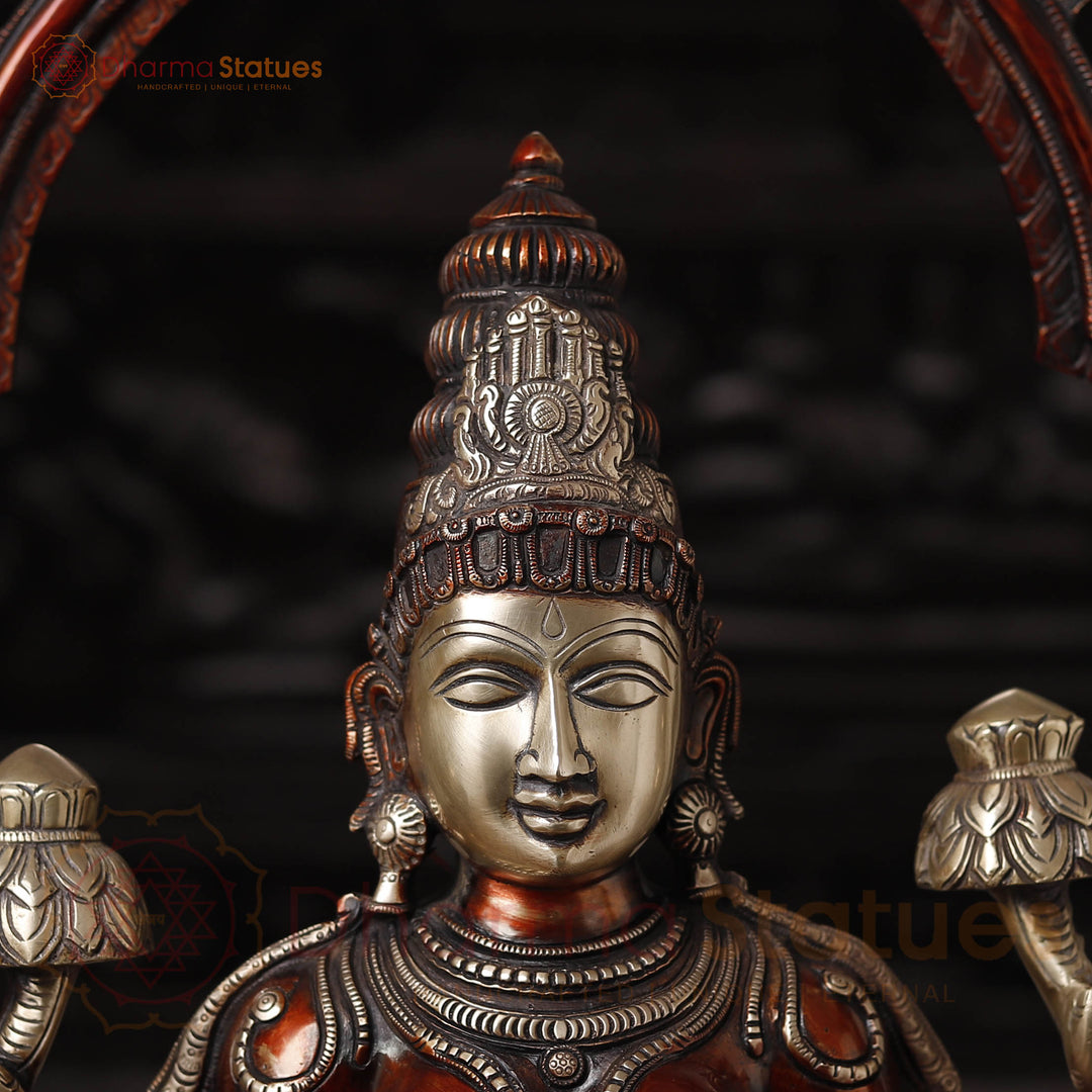 Brass Lakshmi  Idol, Seated on Throne, Copper Finish with Golden Accents, 32.5"