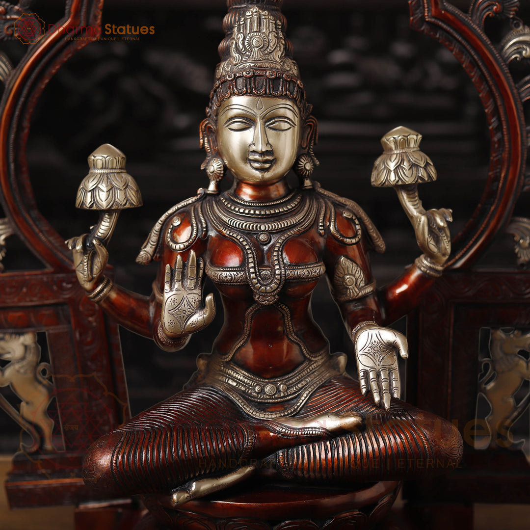 Brass Lakshmi  Idol, Seated on Throne, Copper Finish with Golden Accents, 32.5"