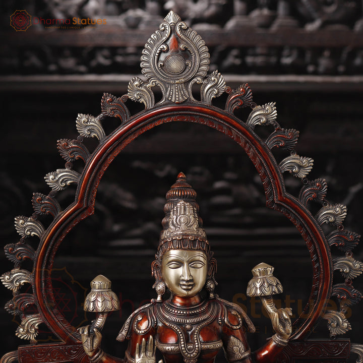 Brass Lakshmi  Idol, Seated on Throne, Copper Finish with Golden Accents, 32.5"