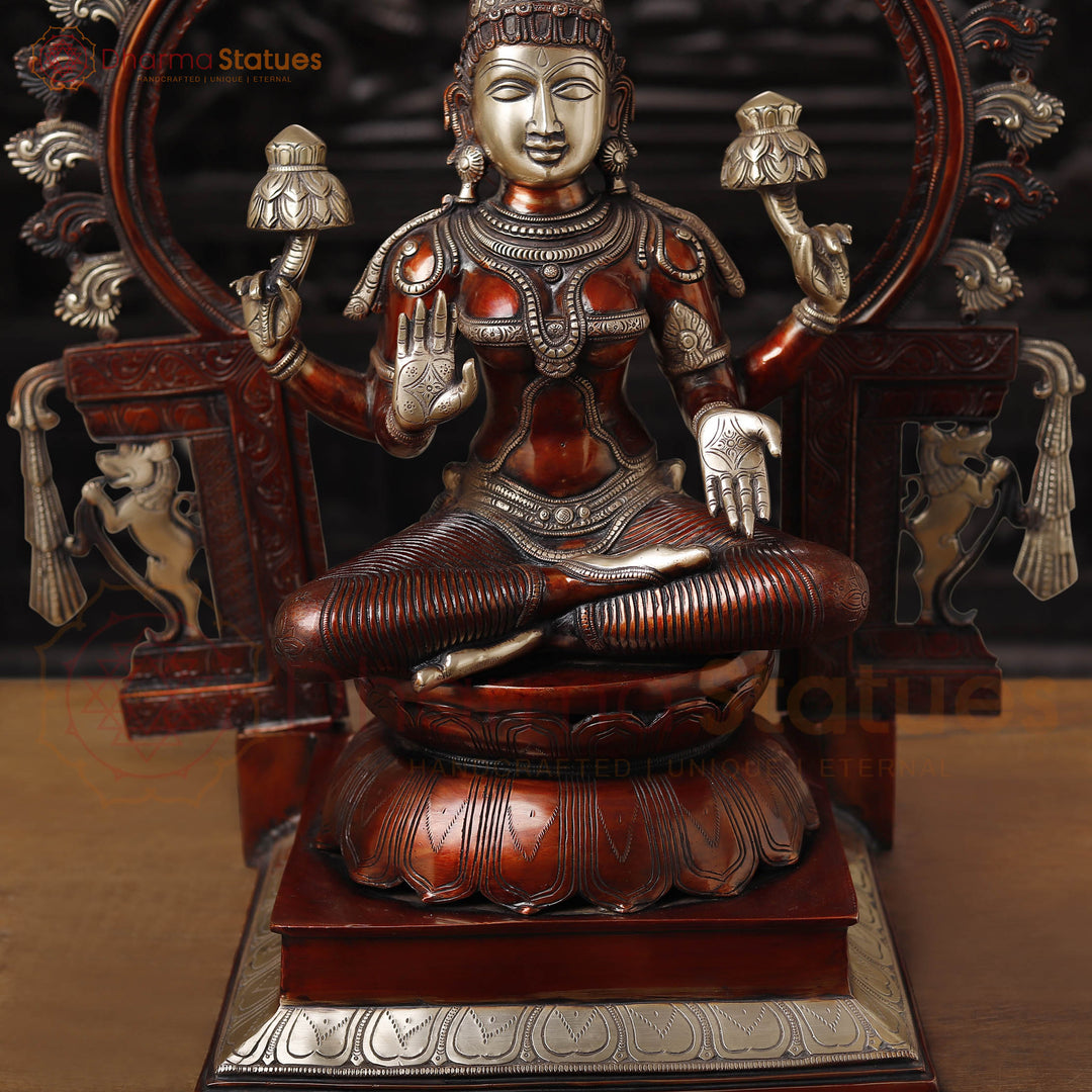 Brass Lakshmi  Idol, Seated on Throne, Copper Finish with Golden Accents, 32.5"