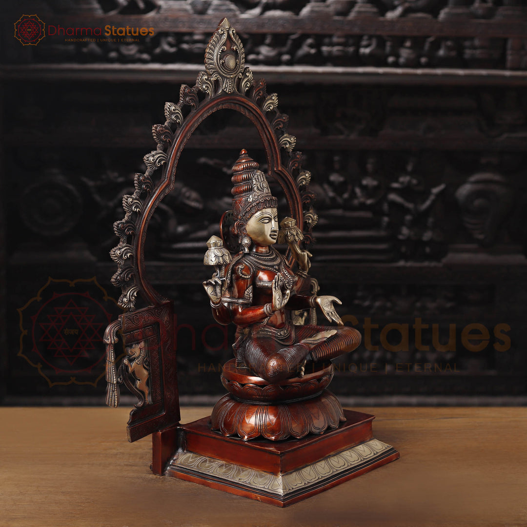 Brass Lakshmi  Idol, Seated on Throne, Copper Finish with Golden Accents, 32.5"