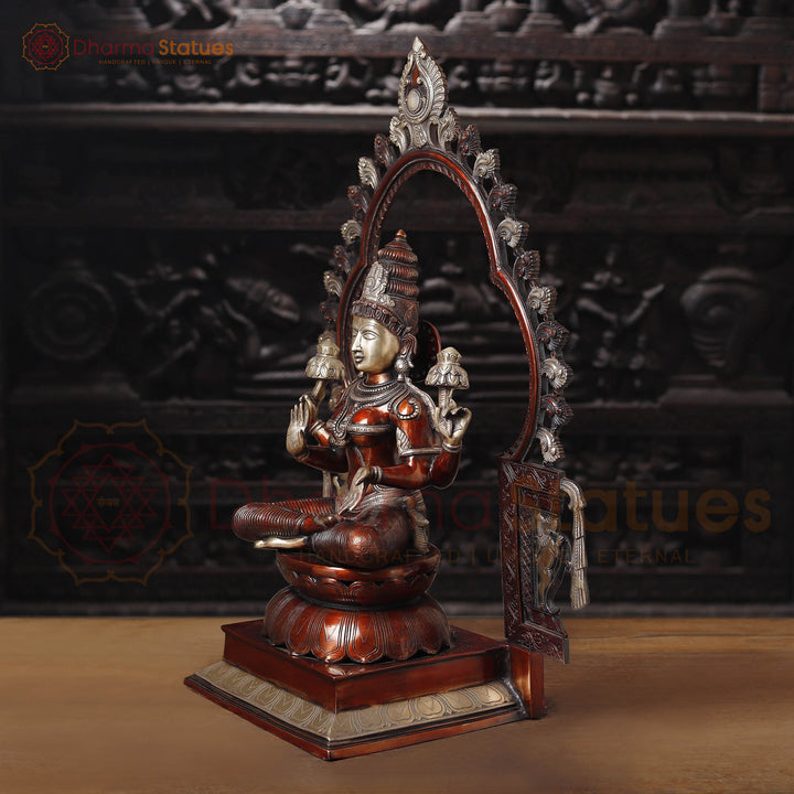 Brass Lakshmi  Idol, Seated on Throne, Copper Finish with Golden Accents, 32.5"