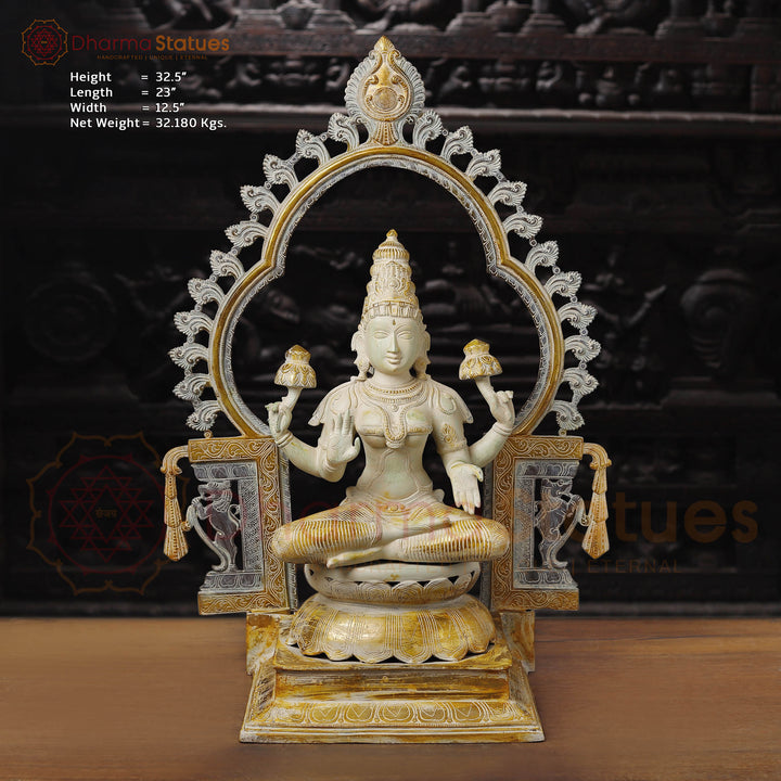 Brass Lakshmi Idol, Seated on Throne, Ivory & Rustic Gold  32.5"