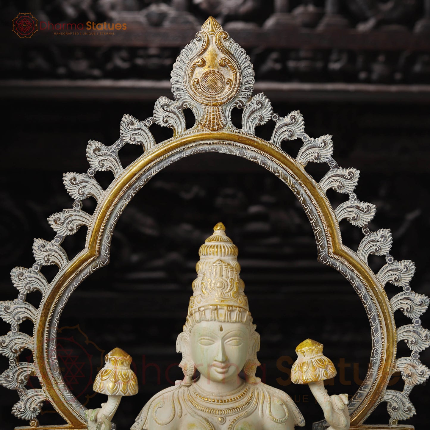 Brass Lakshmi Idol, Seated on Throne, Ivory & Rustic Gold  32.5"