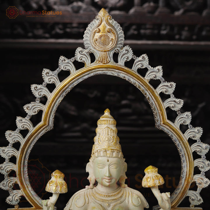 Brass Lakshmi Idol, Seated on Throne, Ivory & Rustic Gold  32.5"