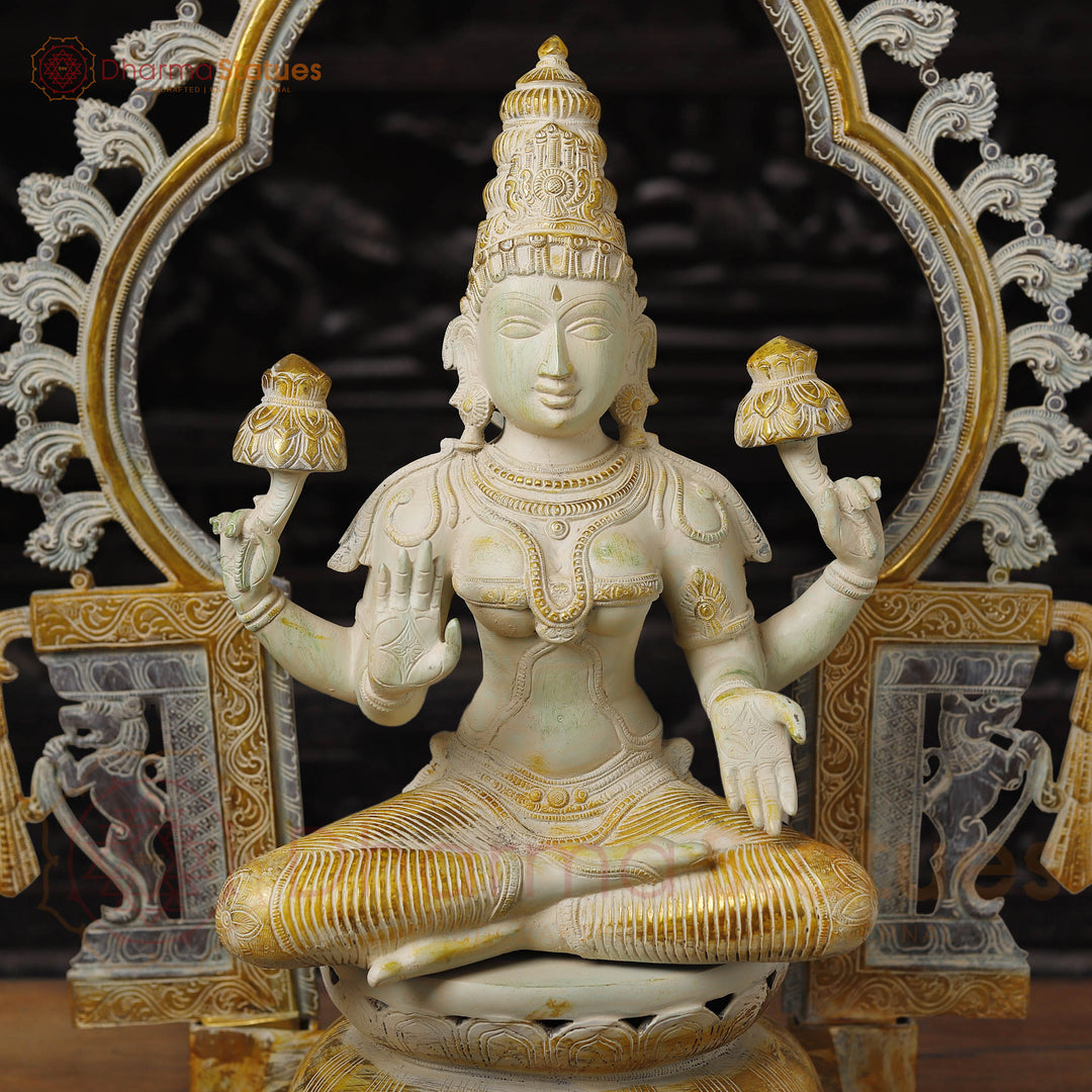 Brass Lakshmi Idol, Seated on Throne, Ivory & Rustic Gold  32.5"