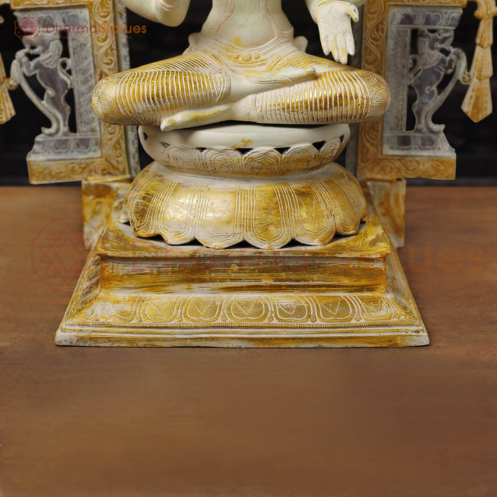 Brass Lakshmi Idol, Seated on Throne, Ivory & Rustic Gold  32.5"