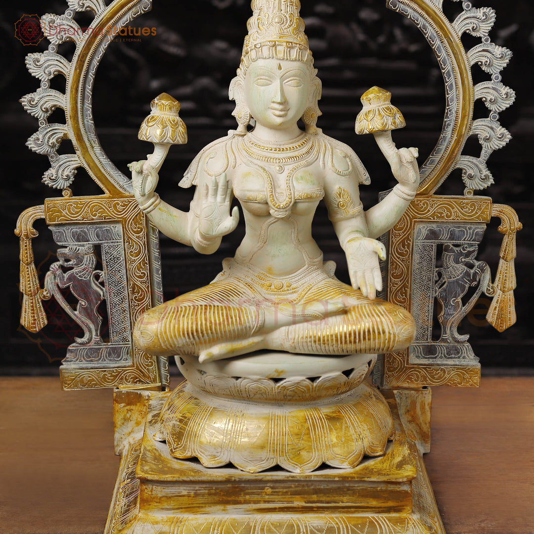 Brass Lakshmi Idol, Seated on Throne, Ivory & Rustic Gold  32.5"