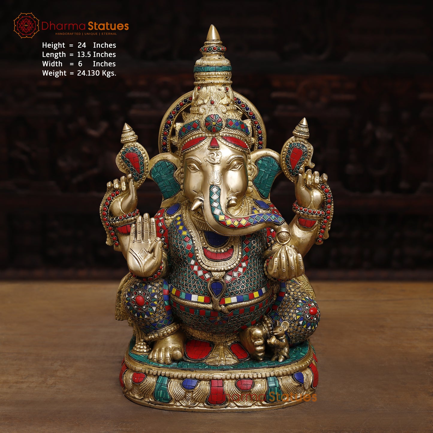 Brass Ganesh Seated in Blessing Posture, Stonework & Golden Finish, 24"
