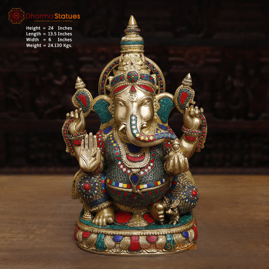 Brass Ganesh Seated in Blessing Posture, Stonework & Golden Finish, 24"