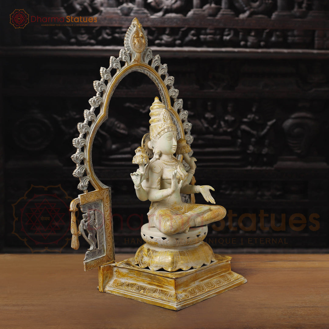 Brass Lakshmi Idol, Seated on Throne, Ivory & Rustic Gold  32.5"