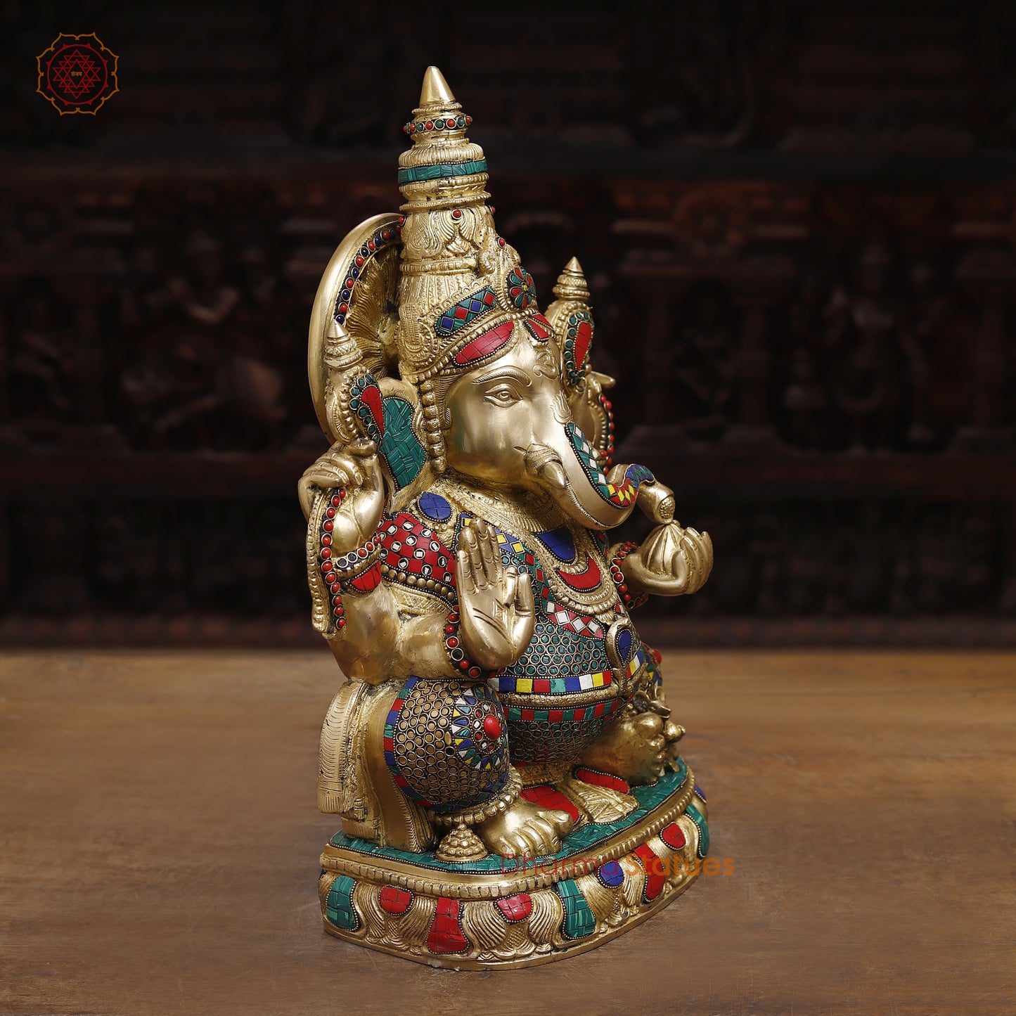 Brass Ganesh Seated in Blessing Posture, Stonework & Golden Finish, 24"