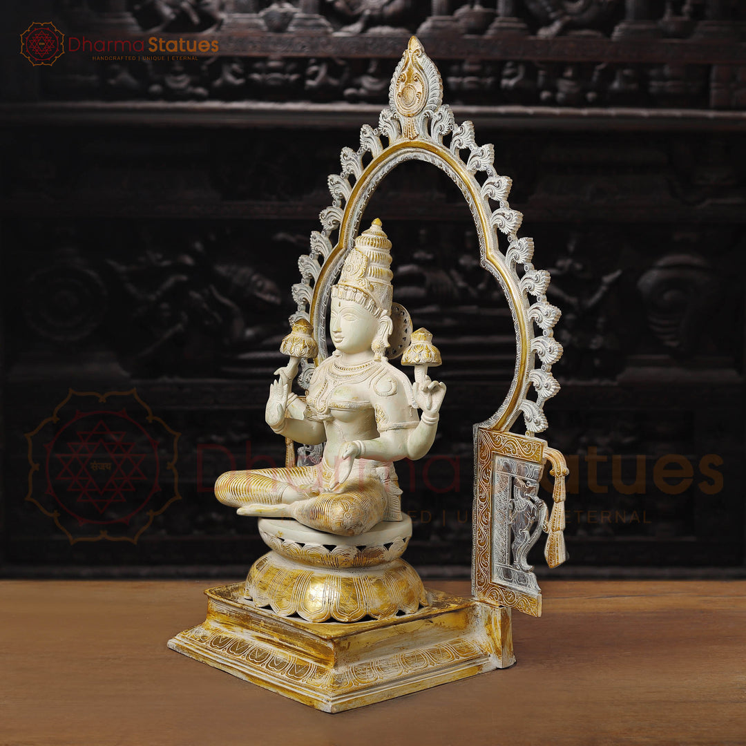 Brass Lakshmi Idol, Seated on Throne, Ivory & Rustic Gold  32.5"