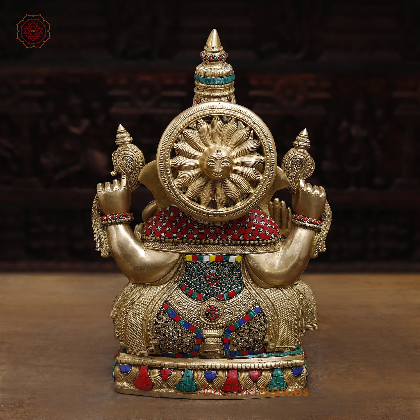 Brass Ganesh Seated in Blessing Posture, Stonework & Golden Finish, 24"