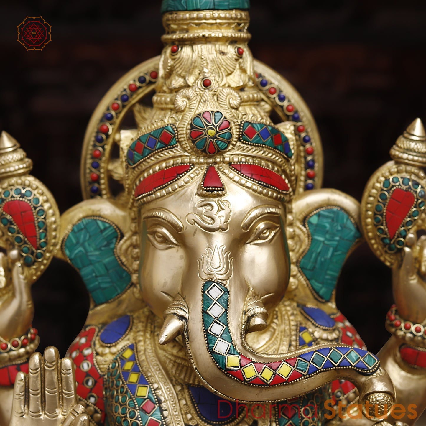 Brass Ganesh Seated in Blessing Posture, Stonework & Golden Finish, 24"