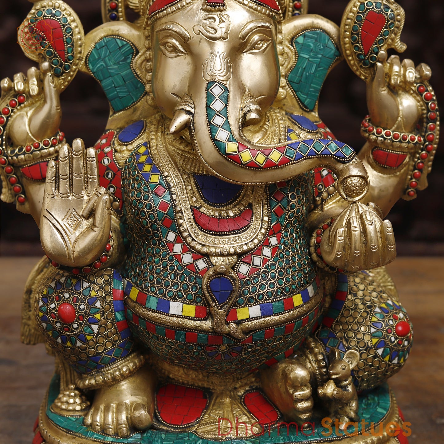 Brass Ganesh Seated in Blessing Posture, Stonework & Golden Finish, 24"
