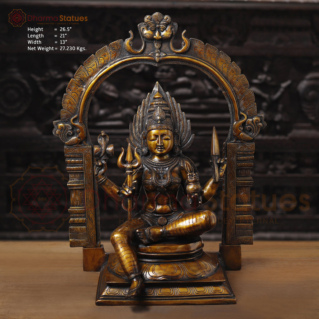 Goddess Mariamman Brass Idol- Sitting on a Throne, Copper Finish 26.5"