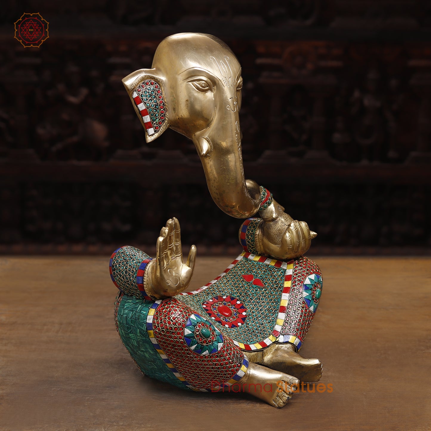 Brass Modern Ganesh Idol, Golden & Stonework, 18.5"