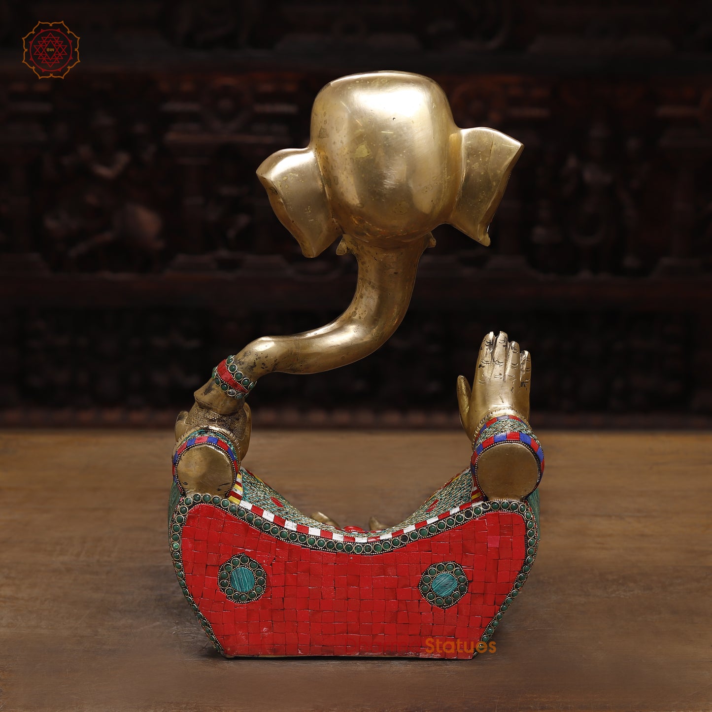 Brass Modern Ganesh Idol, Golden & Stonework, 18.5"