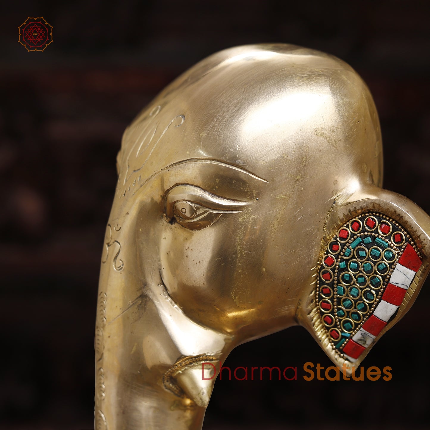 Brass Modern Ganesh Idol, Golden & Stonework, 18.5"