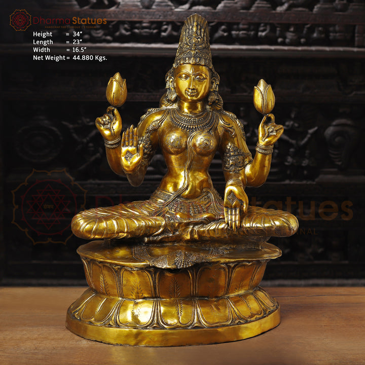 Lakshmi Brass Idol, Sitting on Lotus Pedastal , Fine Golden Work 34"