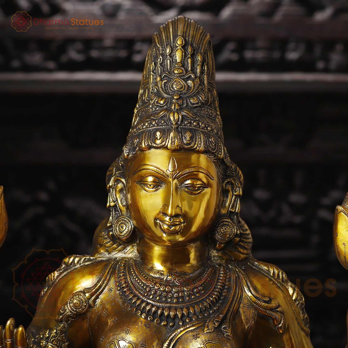 Lakshmi Brass Idol, Sitting on Lotus Pedastal , Fine Golden Work 34"