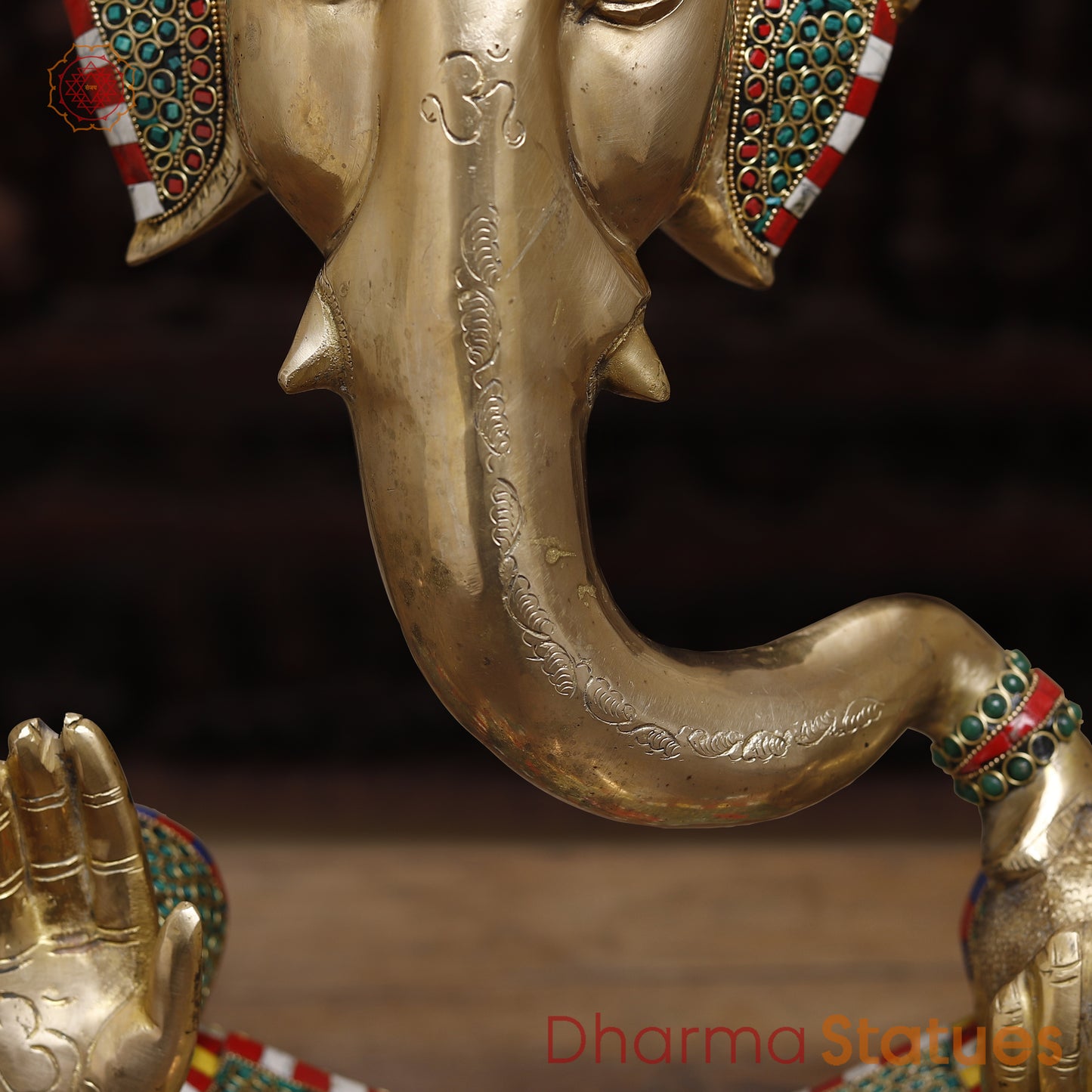 Brass Modern Ganesh Idol, Golden & Stonework, 18.5"
