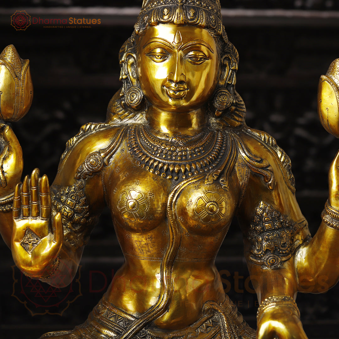 Lakshmi Brass Idol, Sitting on Lotus Pedastal , Fine Golden Work 34"