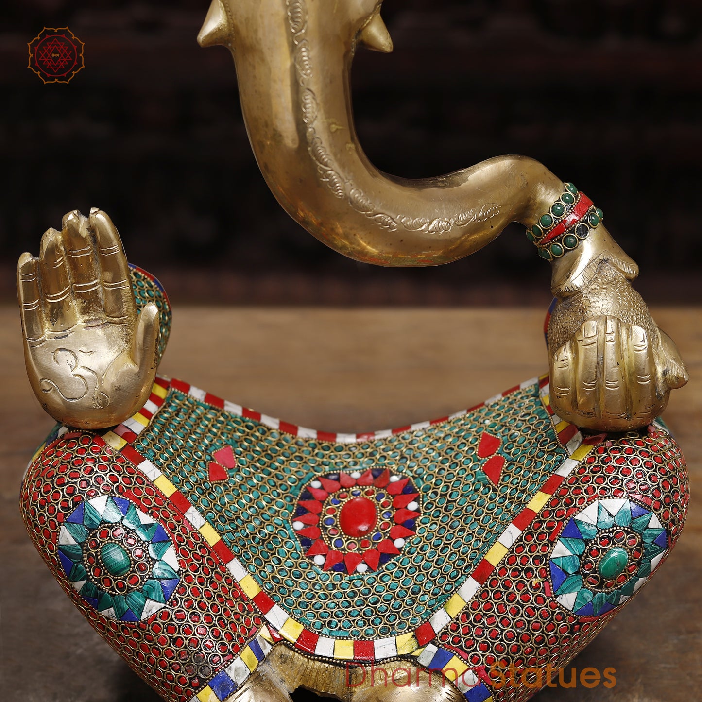 Brass Modern Ganesh Idol, Golden & Stonework, 18.5"