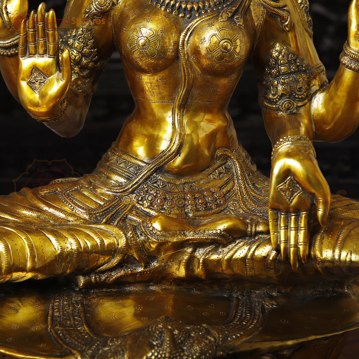 Lakshmi Brass Idol, Sitting on Lotus Pedastal , Fine Golden Work 34"