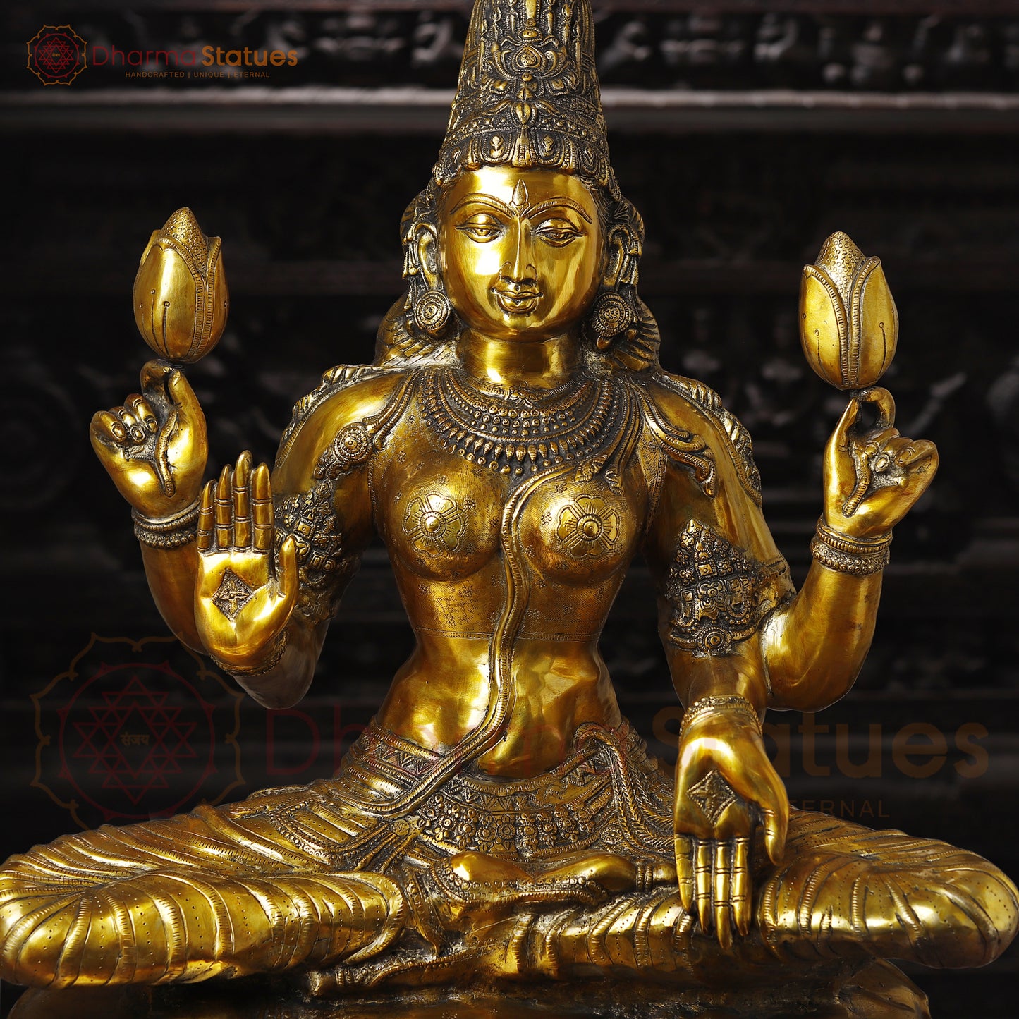 Lakshmi Brass Idol, Sitting on Lotus Pedastal , Fine Golden Work 34"