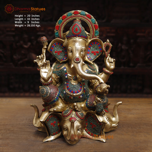 Brass Ganesh Seated on Elephant Pedestal, Stonework & Golden Finish, 20"
