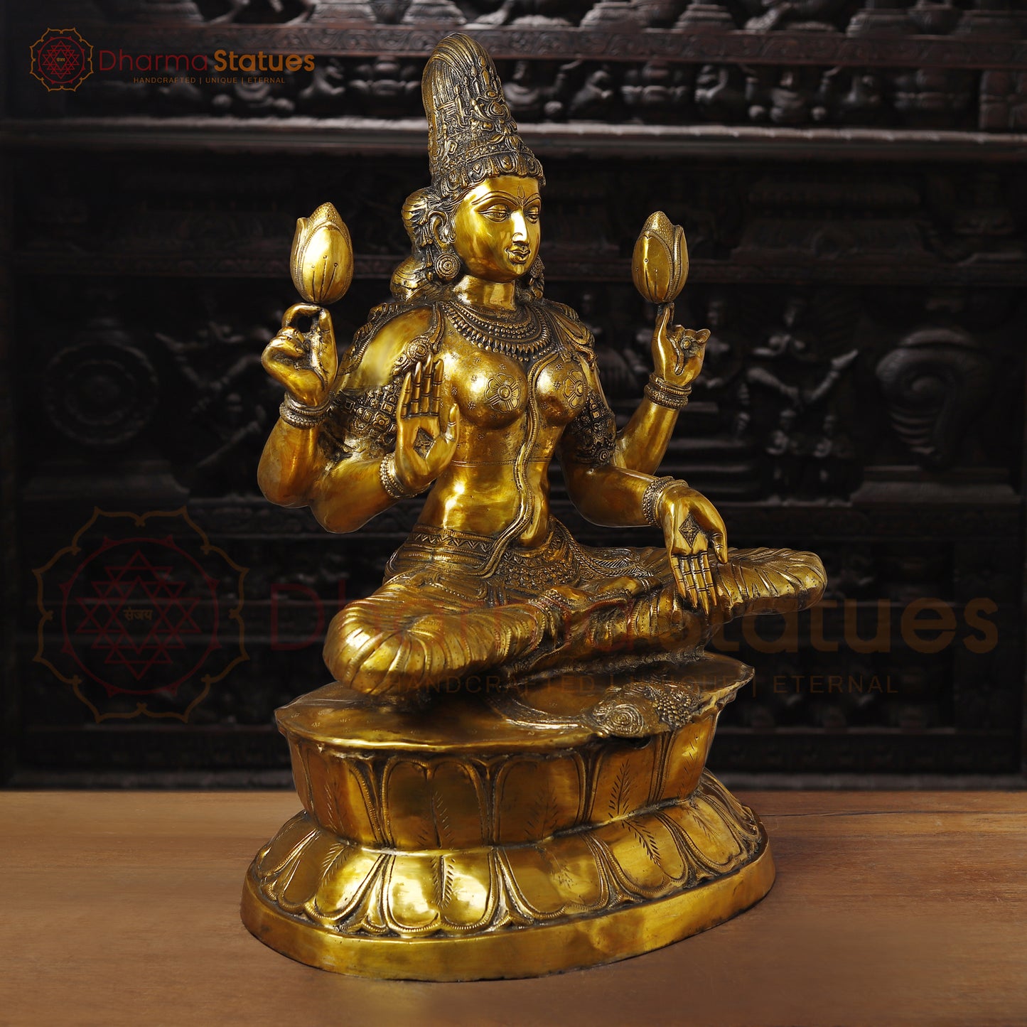 Lakshmi Brass Idol, Sitting on Lotus Pedastal , Fine Golden Work 34"